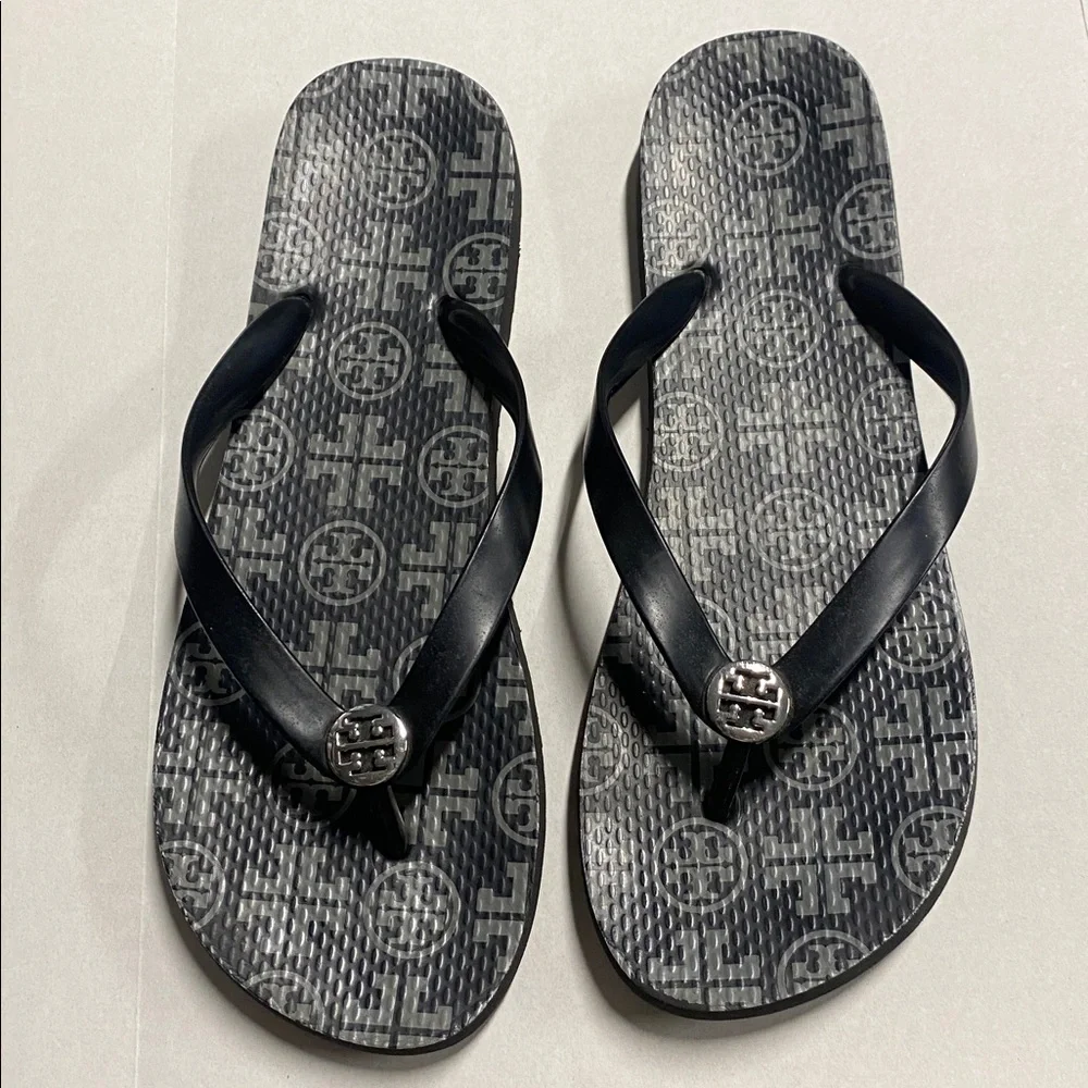 Tory Burch Black Logo Patterned Flip Flops 10/11
